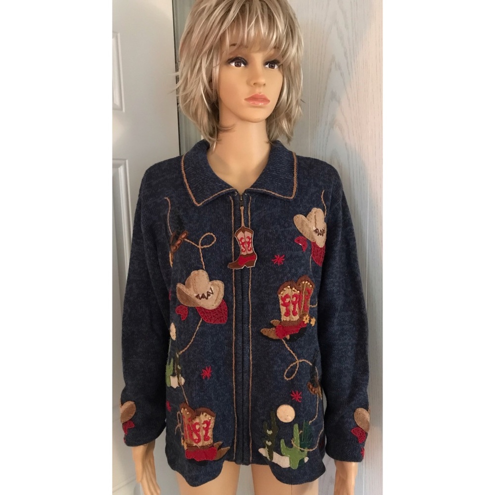 JITTERBUG RANCH Women's Western Cowboy Boots & Hat Cactus Lasso Sweater Jacket L